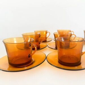 1970s Duralex Amber Glass Cup and Saucer Set Made in France | Lot of 7 Sets
